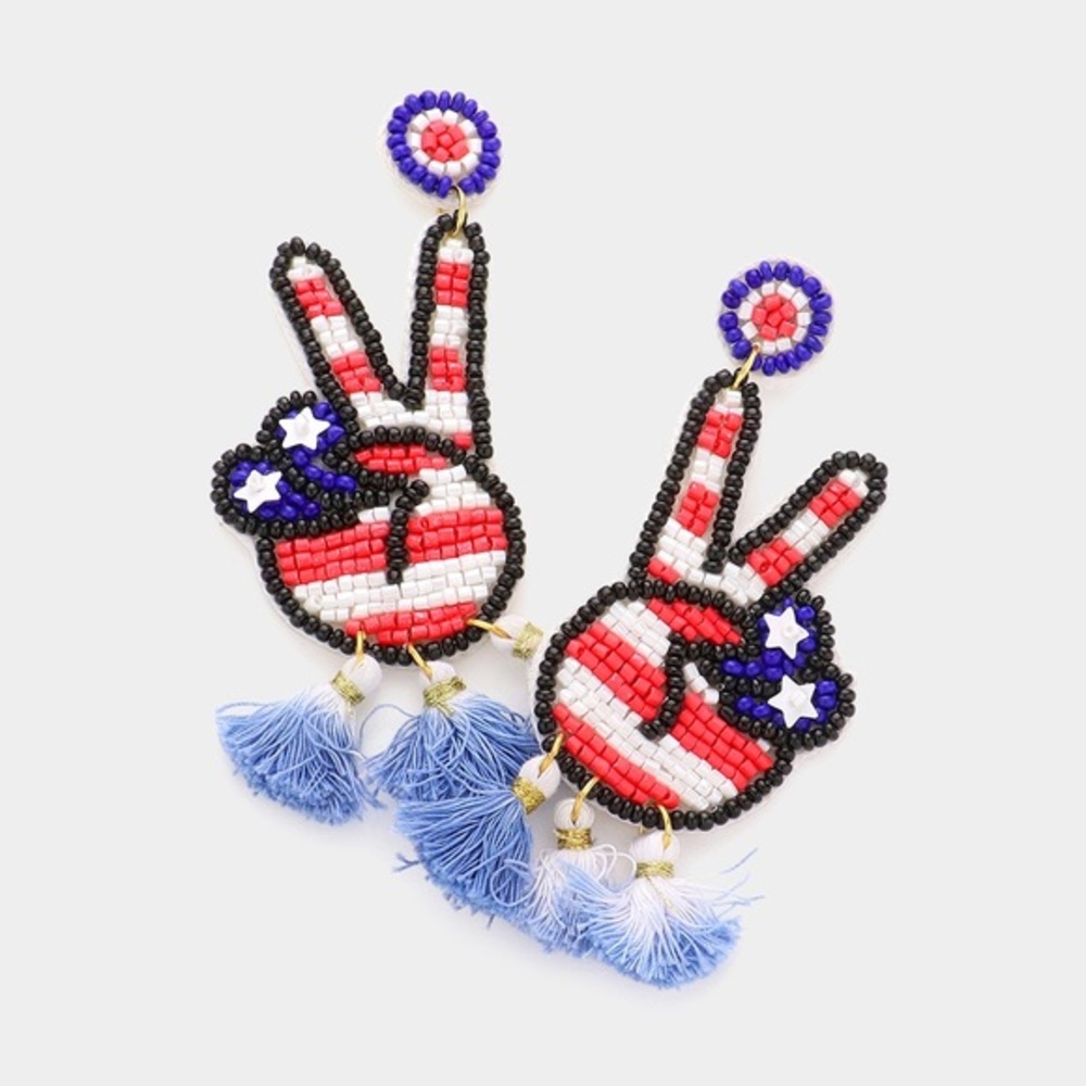 American USA flag seed beaded tassel earrings